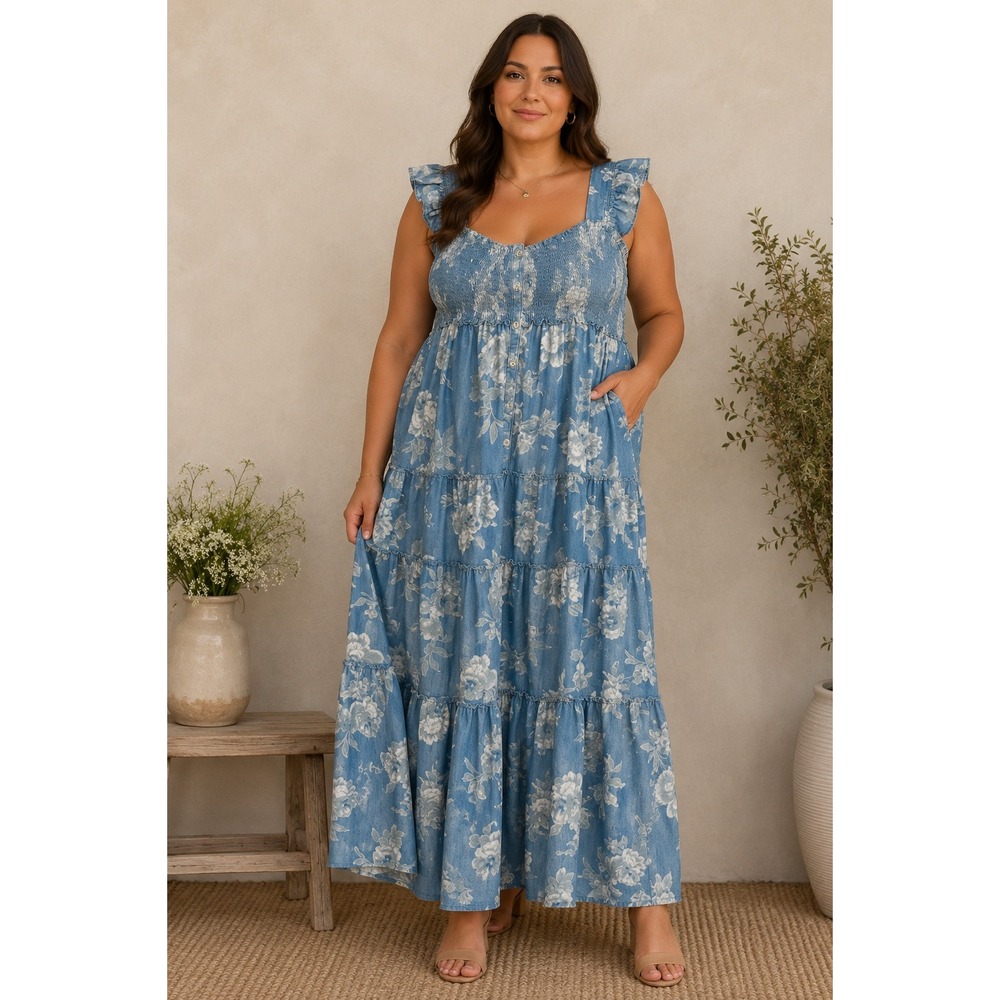 Old Navy Maxi Dress Womens XXL Blue Chambray Floral Smocked Tiered Boho Pockets
